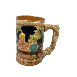 Vintage German Stoneware Beer Stein Rustic Countryside Scene Ceramic Mug